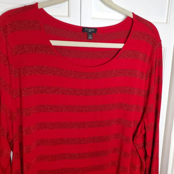 Talbots 2X Plus Size red Striped Long Sleeve T-Shirt Top Rounded Neckline - Picture 2 of 7